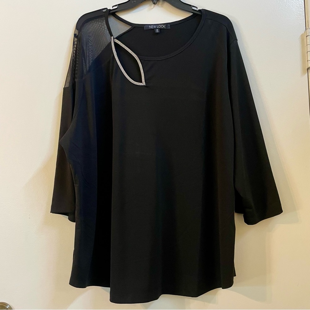 New Look Black Top with Mesh Shoulder and Rhinestone Leaf